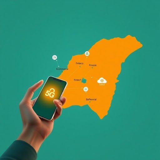 Carte interactive du Maroc illustrant comment lancer son business digital au Maroc grâce aux secteurs e‑commerce, fintech et SaaS, avec un smartphone 5G et le cloud