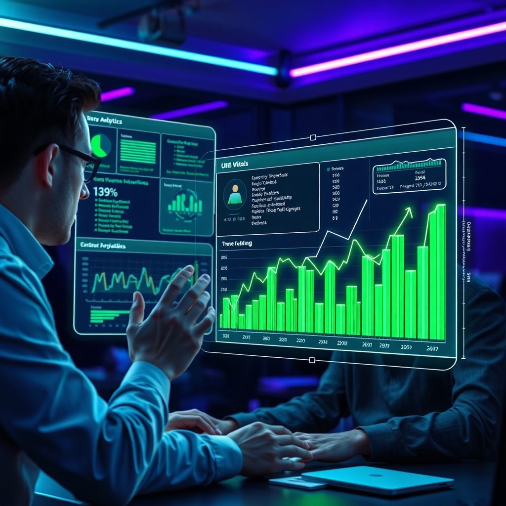 {"prompt":"A high-tech, professional scene of a digital marketer analyzing a complex holographic interface displaying website analytics, code structures, and Core Web Vitals. The setting is a modern, dark office with ambient neon blue and purple lighting, creating a futuristic and focused mood. The hologram shows rising green graphs and data streams, symbolizing a successful technical SEO audit and optimization.","originalPrompt":"A high-tech, professional scene of a digital marketer analyzing a complex holographic interface displaying website analytics, code structures, and Core Web Vitals. The setting is a modern, dark office with ambient neon blue and purple lighting, creating a futuristic and focused mood. The hologram shows rising green graphs and data streams, symbolizing a successful technical SEO audit and optimization.","width":1024,"height":1024,"seed":42,"model":"flux","safe":false,"quality":"medium","image":[],"transparent":false,"reasoning":"balanced","audio":true,"dimensionsExplicit":true,"has_nsfw_concept":false,"concept":null,"trackingData":{"actualModel":"flux","usage":{"completionImageTokens":1,"totalTokenCount":1}}}