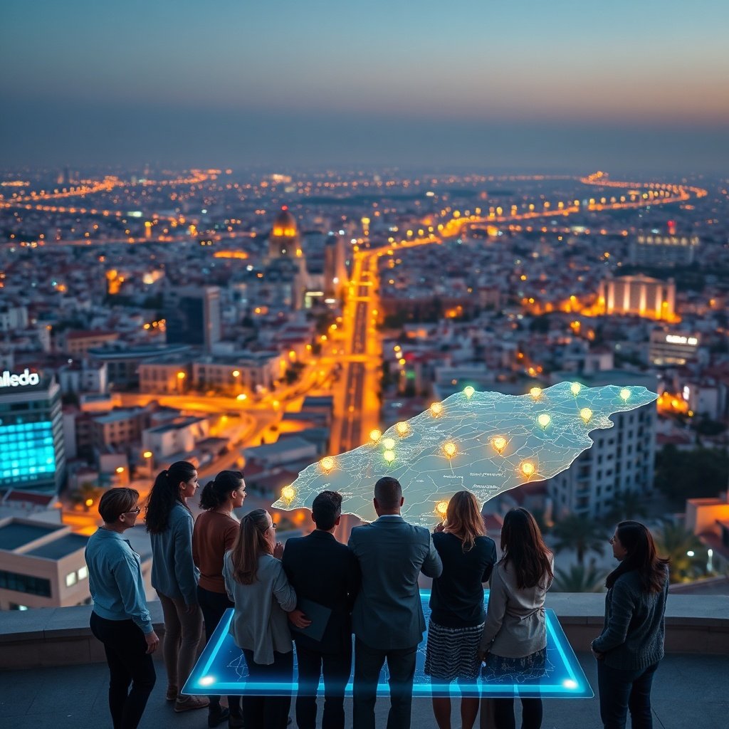 {"prompt":"A panoramic view of a modern Moroccan city at dusk, illuminated by a network of glowing blue and gold data streams that overlay the skyline. In the foreground, a diverse group of business professionals in smart casual attire huddle around a holographic tablet displaying a dynamic map of Morocco with pinpointed cities and neighborhoods. The scene conveys technological innovation and local SEO focus, with warm golden street lamps and cool blue holograms reflecting off glass buildings.","originalPrompt":"A panoramic view of a modern Moroccan city at dusk, illuminated by a network of glowing blue and gold data streams that overlay the skyline. In the foreground, a diverse group of business professionals in smart casual attire huddle around a holographic tablet displaying a dynamic map of Morocco with pinpointed cities and neighborhoods. The scene conveys technological innovation and local SEO focus, with warm golden street lamps and cool blue holograms reflecting off glass buildings.","width":1024,"height":1024,"seed":42,"model":"flux","safe":false,"quality":"medium","image":[],"transparent":false,"reasoning":"balanced","audio":true,"dimensionsExplicit":true,"has_nsfw_concept":false,"concept":null,"trackingData":{"actualModel":"flux","usage":{"completionImageTokens":1,"totalTokenCount":1}}}