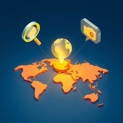 3D illustration of global SEO strategy connecting Morocco to international markets with digital icons
