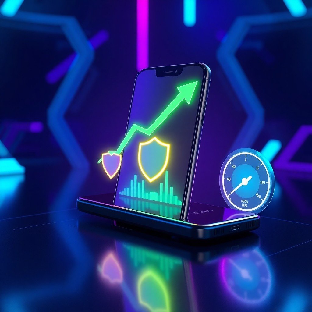 Graphiques de croissance et indicateurs de performance sur un écran mobile, démontrant comment le SEO Mobile améliore la visibilité en ligne.