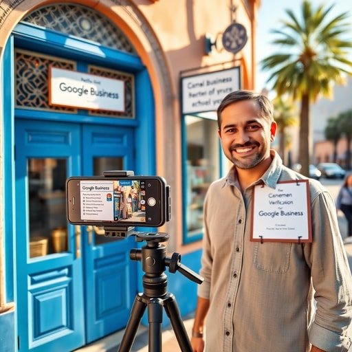 Business owner recording video verification for Google Business in front of a Moroccan storefront