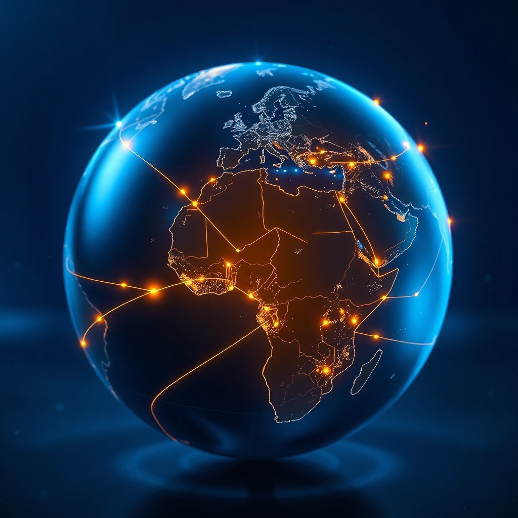 {"prompt":"A high-tech, photorealistic 3D render of a digital globe centered on North Africa, featuring glowing fiber-optic lines connecting Morocco to Europe, West Africa, and the Americas. The scene represents global digital trade and connectivity. The background is a deep, professional blue with subtle data particles floating in the air. The lighting is dramatic and futuristic, with neon blue and gold accents highlighting the connections, conveying a mood of innovation, economic expansion, and strategic growth.","originalPrompt":"A high-tech, photorealistic 3D render of a digital globe centered on North Africa, featuring glowing fiber-optic lines connecting Morocco to Europe, West Africa, and the Americas. The scene represents global digital trade and connectivity. The background is a deep, professional blue with subtle data particles floating in the air. The lighting is dramatic and futuristic, with neon blue and gold accents highlighting the connections, conveying a mood of innovation, economic expansion, and strategic growth.","width":1024,"height":1024,"seed":42,"model":"flux","safe":false,"quality":"medium","image":[],"transparent":false,"reasoning":"balanced","audio":true,"dimensionsExplicit":true,"has_nsfw_concept":false,"concept":null,"trackingData":{"actualModel":"flux","usage":{"completionImageTokens":1,"totalTokenCount":1}}}