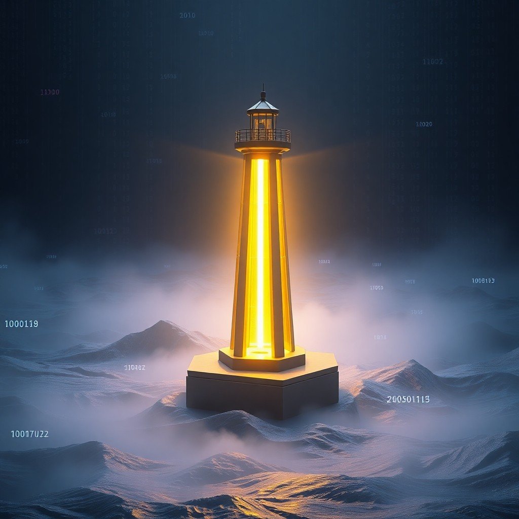{"prompt":"A high-quality 3D render of a futuristic, crystalline lighthouse standing firm amidst a dark, turbulent ocean of digital data streams and binary code. The lighthouse emits a brilliant, warm beam of golden light that cuts through the fog, symbolizing clarity and guidance. The structure is sleek and modern, representing a strong brand. The setting is an abstract cyberscape with deep navy blues and electric purples. The mood is authoritative, secure, and reassuring. Lighting is dramatic and cinematic, with the lighthouse beam acting as the primary light source, highlighting trust and stability.","originalPrompt":"A high-quality 3D render of a futuristic, crystalline lighthouse standing firm amidst a dark, turbulent ocean of digital data streams and binary code. The lighthouse emits a brilliant, warm beam of golden light that cuts through the fog, symbolizing clarity and guidance. The structure is sleek and modern, representing a strong brand. The setting is an abstract cyberscape with deep navy blues and electric purples. The mood is authoritative, secure, and reassuring. Lighting is dramatic and cinematic, with the lighthouse beam acting as the primary light source, highlighting trust and stability.","width":1024,"height":1024,"seed":42,"model":"flux","safe":false,"quality":"medium","image":[],"transparent":false,"reasoning":"balanced","audio":true,"dimensionsExplicit":true,"isMature":false,"isChild":false,"trackingData":{"actualModel":"flux","usage":{"completionImageTokens":1,"totalTokenCount":1}}}