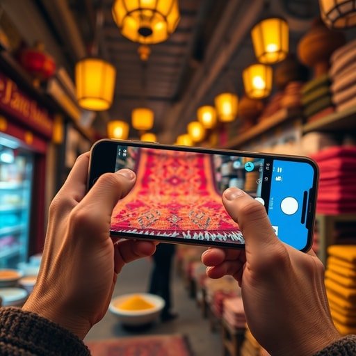 Content creator filming a traditional Berber rug with a smartphone for social media storytelling in a Moroccan market
