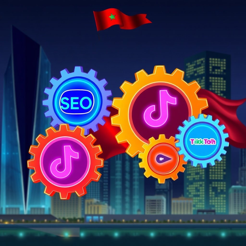 Visuel représentant la connexion entre les réseaux sociaux et le SEO au Maroc, où des engrenages interconnectés portent les logos Instagram, TikTok, LinkedIn et Google, illustrant la synergie digitale pour la visibilité