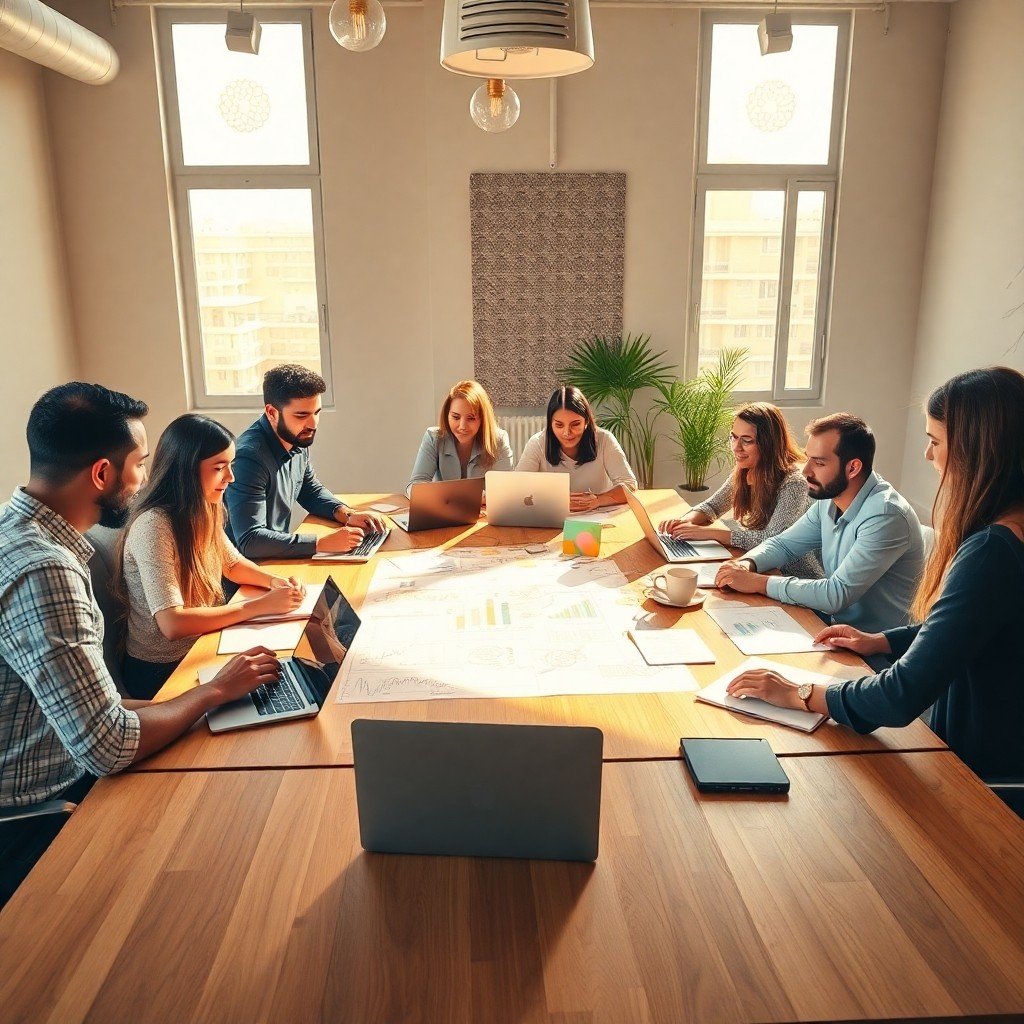 {"prompt":"A vibrant, modern workspace in Casablanca featuring a diverse team of Moroccan marketing professionals collaborating around a large wooden table. The table is covered with laptops, charts, and sticky notes outlining a content strategy. Sunlight streams through large windows, illuminating the room with a warm, golden glow. In the background, subtle Moroccan geometric patterns adorn the walls, blending traditional aesthetics with modern corporate design. The atmosphere is energetic, creative, and focused on business growth.","originalPrompt":"A vibrant, modern workspace in Casablanca featuring a diverse team of Moroccan marketing professionals collaborating around a large wooden table. The table is covered with laptops, charts, and sticky notes outlining a content strategy. Sunlight streams through large windows, illuminating the room with a warm, golden glow. In the background, subtle Moroccan geometric patterns adorn the walls, blending traditional aesthetics with modern corporate design. The atmosphere is energetic, creative, and focused on business growth.","width":1024,"height":1024,"seed":42,"model":"flux","safe":false,"quality":"medium","image":[],"transparent":false,"reasoning":"balanced","audio":true,"dimensionsExplicit":true,"isMature":false,"isChild":false,"trackingData":{"actualModel":"flux","usage":{"completionImageTokens":1,"totalTokenCount":1}}}