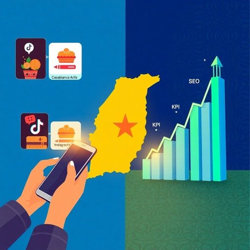 Marketing de Contenu pour Marques Marocaines – carte du Maroc avec zones Casablanca‑Anfa et Marrakech‑Hivernage, vidéos courtes TikTok/Instagram, graphiques SEO et KPI, combinant données locales et storytelling culturel