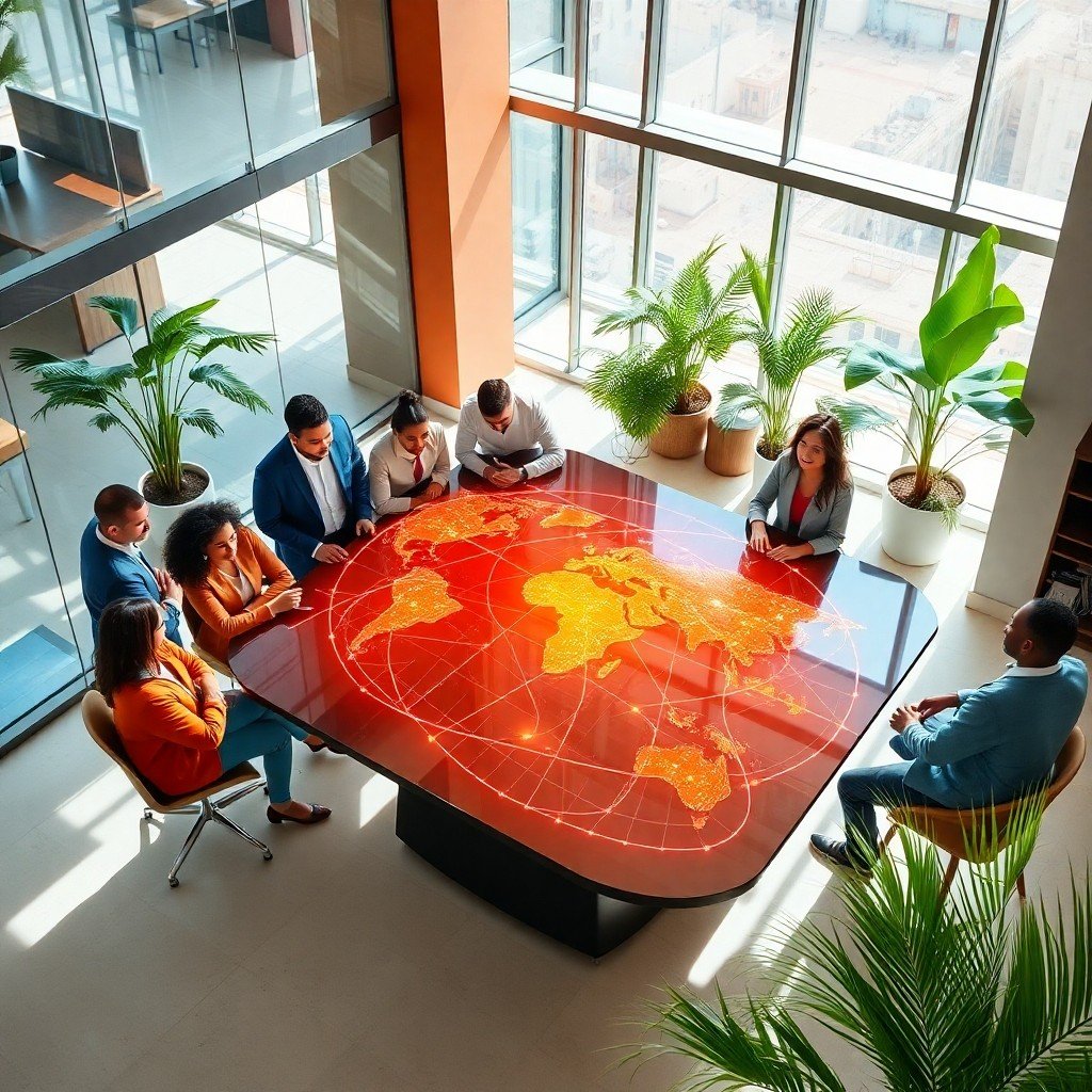 {"prompt":"A high-angle shot of a modern, sun-drenched open-plan office in Casablanca, featuring a diverse team of Moroccan professionals collaborating around a large digital table. On the table, a holographic display shows a global network map with glowing lines connecting Morocco to Europe and Africa, symbolizing digital export. The setting includes sleek glass walls and lush green plants. The color palette blends warm Moroccan terracotta and ochre tones with cool corporate blues and tech whites. The mood is optimistic, professional, and innovative, with natural lighting streaming through large windows to highlight the 'Made in Morocco' quality and dynamism.","originalPrompt":"A high-angle shot of a modern, sun-drenched open-plan office in Casablanca, featuring a diverse team of Moroccan professionals collaborating around a large digital table. On the table, a holographic display shows a global network map with glowing lines connecting Morocco to Europe and Africa, symbolizing digital export. The setting includes sleek glass walls and lush green plants. The color palette blends warm Moroccan terracotta and ochre tones with cool corporate blues and tech whites. The mood is optimistic, professional, and innovative, with natural lighting streaming through large windows to highlight the 'Made in Morocco' quality and dynamism.","width":1024,"height":1024,"seed":42,"model":"flux","safe":false,"quality":"medium","image":[],"transparent":false,"reasoning":"balanced","audio":true,"dimensionsExplicit":true,"isMature":false,"isChild":false,"trackingData":{"actualModel":"flux","usage":{"completionImageTokens":1,"totalTokenCount":1}}}
