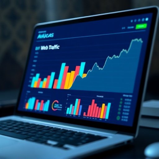 Tableau de bord d'analyse SEO montrant la croissance du trafic et des revenus avec motifs marocains