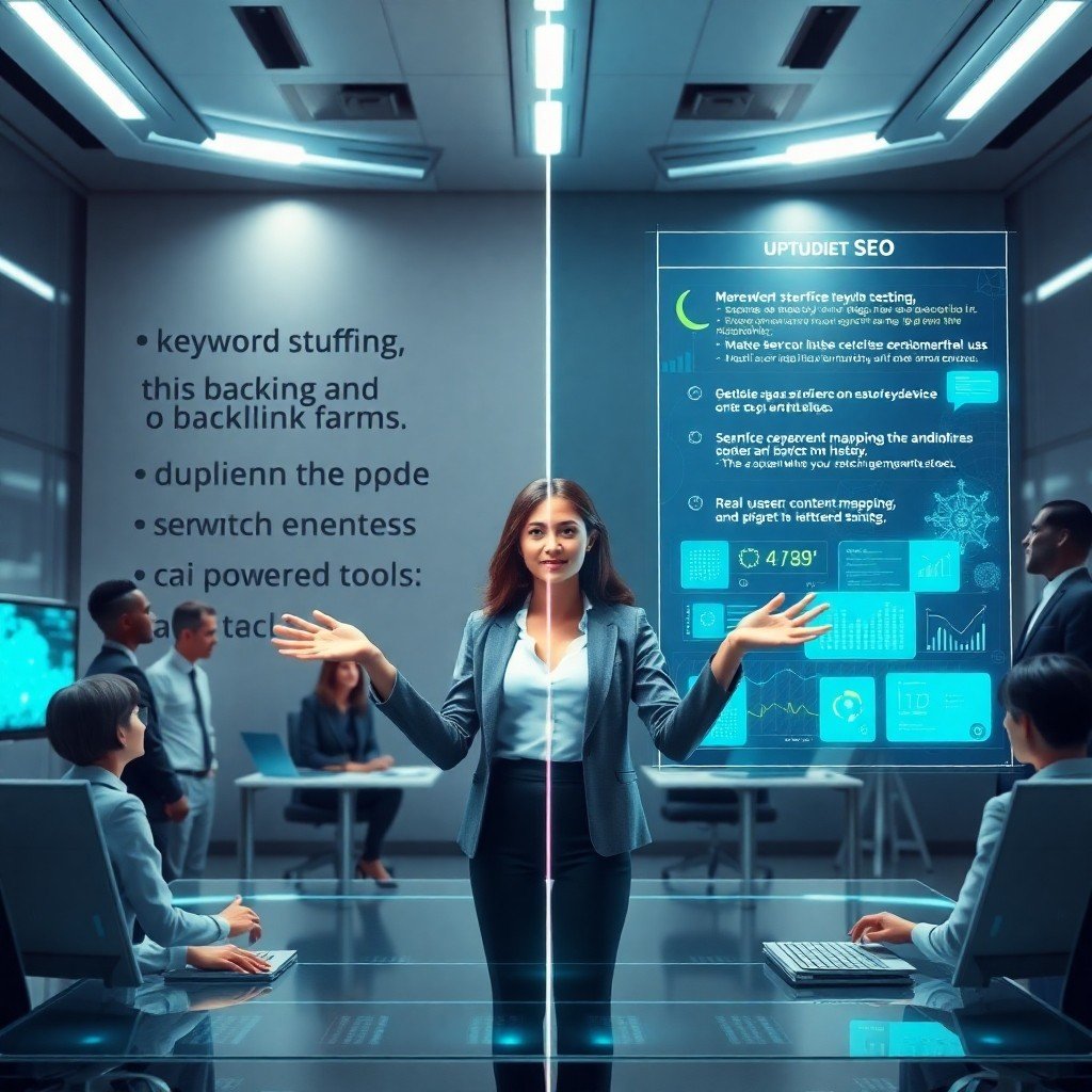 {"prompt":"A futuristic digital workspace featuring a diverse team of SEO specialists analyzing a holographic website interface. The scene is split into two halves: the left side shows outdated SEO tactics like keyword stuffing and backlink farms in muted gray tones, while the right side showcases modern strategies with vibrant blues and greens, including real user experience metrics, semantic content mapping, and AI-powered tools. The central figure, a woman in a sleek office, gestures toward the modern side, symbolizing the shift in priorities. Bright, focused lighting highlights the contrast between obsolete and cutting-edge techniques, with subtle glowing effects around interactive data elements.","originalPrompt":"A futuristic digital workspace featuring a diverse team of SEO specialists analyzing a holographic website interface. The scene is split into two halves: the left side shows outdated SEO tactics like keyword stuffing and backlink farms in muted gray tones, while the right side showcases modern strategies with vibrant blues and greens, including real user experience metrics, semantic content mapping, and AI-powered tools. The central figure, a woman in a sleek office, gestures toward the modern side, symbolizing the shift in priorities. Bright, focused lighting highlights the contrast between obsolete and cutting-edge techniques, with subtle glowing effects around interactive data elements.","width":1024,"height":1024,"seed":42,"model":"flux","safe":false,"quality":"medium","image":[],"transparent":false,"reasoning":"balanced","audio":true,"dimensionsExplicit":true,"isMature":false,"isChild":false,"trackingData":{"actualModel":"flux","usage":{"completionImageTokens":1,"totalTokenCount":1}}}