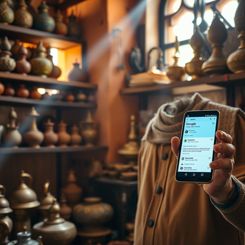 {"prompt":"A cinematic shot inside a bustling artisan workshop in Marrakech. An older, bearded Moroccan artisan is intently looking at a smartphone held in his hand, which displays a Google Business Profile interface with customer reviews and a map pin. Behind him, shelves are filled with colorful pottery, brass lamps, and leather goods. Natural sunlight streams through a window, illuminating dust particles and highlighting the rich textures of the handcrafted items. The mood is a harmonious blend of ancient tradition and modern technology, with warm ochre and terracotta tones contrasting with the cool blue light of the screen.","originalPrompt":"A cinematic shot inside a bustling artisan workshop in Marrakech. An older, bearded Moroccan artisan is intently looking at a smartphone held in his hand, which displays a Google Business Profile interface with customer reviews and a map pin. Behind him, shelves are filled with colorful pottery, brass lamps, and leather goods. Natural sunlight streams through a window, illuminating dust particles and highlighting the rich textures of the handcrafted items. The mood is a harmonious blend of ancient tradition and modern technology, with warm ochre and terracotta tones contrasting with the cool blue light of the screen.","width":1024,"height":1024,"seed":42,"model":"flux","safe":false,"quality":"medium","image":[],"transparent":false,"reasoning":"balanced","audio":true,"dimensionsExplicit":true,"has_nsfw_concept":false,"concept":null,"trackingData":{"actualModel":"flux","usage":{"completionImageTokens":1,"totalTokenCount":1}}}