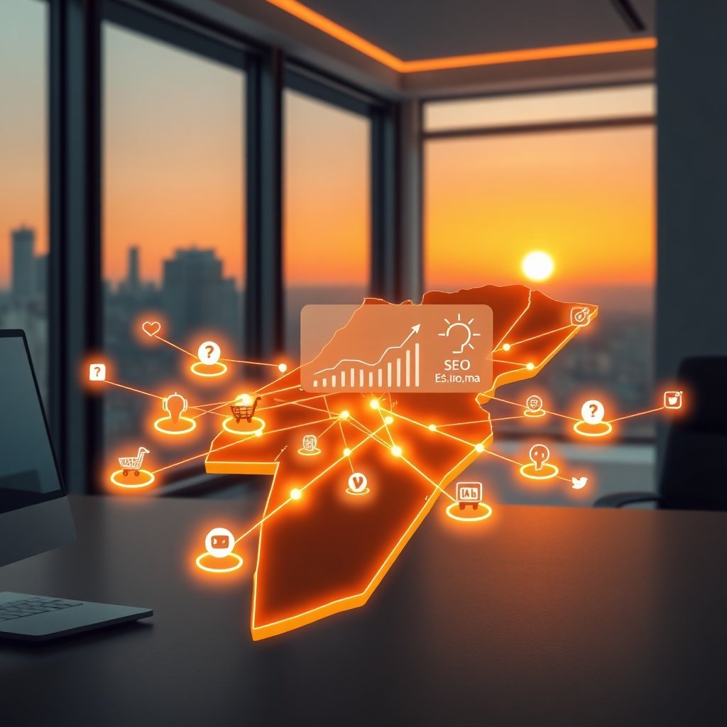 {"prompt":"A highresolution digital illustration showing a stylized map of Morocco overlaid with a glowing network of interconnected links. Small icons of .ma domain names, local ecommerce logos (Avito.ma, Jumia.ma) and social media symbols are linked by bright neon lines that converge toward a central SEO dashboard displaying upwardtrending graphs. The scene is set in a sleek, modern office with a warm amber glow from a sunrise outside the window, casting soft light on the desk and highlighting the map. The mood is strategic and optimistic, emphasizing growth and authority.","originalPrompt":"A highresolution digital illustration showing a stylized map of Morocco overlaid with a glowing network of interconnected links. Small icons of .ma domain names, local ecommerce logos (Avito.ma, Jumia.ma) and social media symbols are linked by bright neon lines that converge toward a central SEO dashboard displaying upwardtrending graphs. The scene is set in a sleek, modern office with a warm amber glow from a sunrise outside the window, casting soft light on the desk and highlighting the map. The mood is strategic and optimistic, emphasizing growth and authority.","width":1024,"height":1024,"seed":42,"model":"flux","safe":false,"quality":"medium","image":[],"transparent":false,"reasoning":"balanced","audio":true,"dimensionsExplicit":true,"has_nsfw_concept":false,"concept":null,"trackingData":{"actualModel":"flux","usage":{"completionImageTokens":1,"totalTokenCount":1}}}