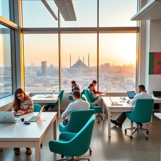 {"prompt":"A bright, modern coworking space in Casablanca filled with young Moroccan entrepreneurs working on laptops and tablets. Large windows reveal a bustling city skyline with the Hassan II Mosque silhouette. The interior features sleek white desks, vibrant teal accent chairs, and a wall displaying the Moroccan flag alongside colorful fiberoptic cables glowing softly. Natural daylight streams in, creating a hopeful and energetic mood, while a subtle golden hour glow adds warmth to the scene.","originalPrompt":"A bright, modern coworking space in Casablanca filled with young Moroccan entrepreneurs working on laptops and tablets. Large windows reveal a bustling city skyline with the Hassan II Mosque silhouette. The interior features sleek white desks, vibrant teal accent chairs, and a wall displaying the Moroccan flag alongside colorful fiberoptic cables glowing softly. Natural daylight streams in, creating a hopeful and energetic mood, while a subtle golden hour glow adds warmth to the scene.","width":512,"height":512,"seed":42,"model":"flux","safe":false,"quality":"medium","image":[],"transparent":false,"reasoning":"balanced","audio":true,"dimensionsExplicit":true,"isMature":false,"isChild":false,"trackingData":{"actualModel":"flux","usage":{"completionImageTokens":1,"totalTokenCount":1}}}