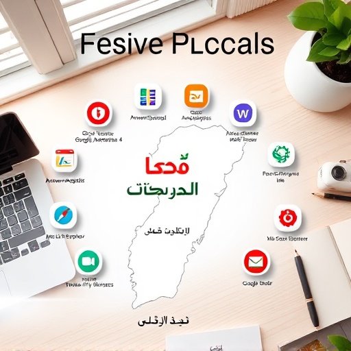 Flat lay of free SEO tools icons over a map of Morocco with Arabic and Darija text
