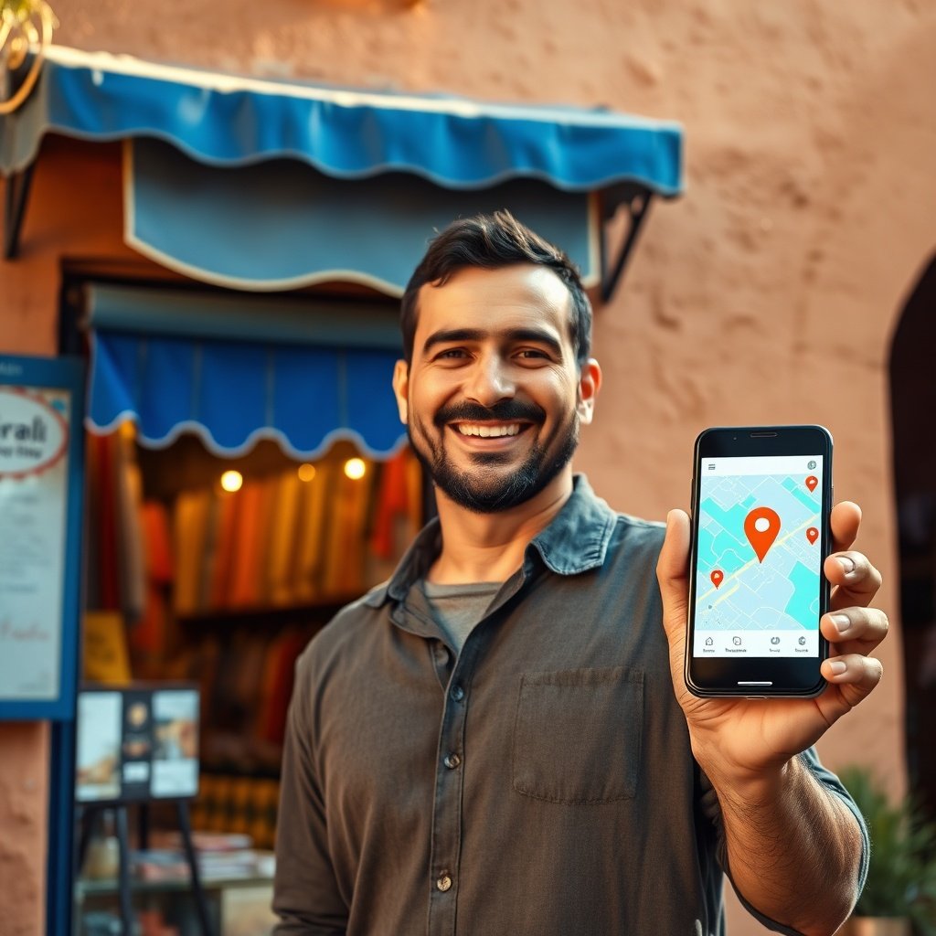 {"prompt":"A photorealistic medium shot of a friendly Moroccan shop owner standing in front of a traditional storefront with a vibrant blue awning in a bustling medina street. He is holding a smartphone that displays a glowing 'Google Maps' interface with a prominent location pin. The background features textured ochre walls and warm sunlight, creating a blend of authentic local atmosphere and modern technology. The lighting is golden hour, highlighting the textures and the man's optimistic expression.","originalPrompt":"A photorealistic medium shot of a friendly Moroccan shop owner standing in front of a traditional storefront with a vibrant blue awning in a bustling medina street. He is holding a smartphone that displays a glowing 'Google Maps' interface with a prominent location pin. The background features textured ochre walls and warm sunlight, creating a blend of authentic local atmosphere and modern technology. The lighting is golden hour, highlighting the textures and the man's optimistic expression.","width":1024,"height":1024,"seed":42,"model":"flux","safe":false,"quality":"medium","image":[],"transparent":false,"reasoning":"balanced","audio":true,"dimensionsExplicit":true,"has_nsfw_concept":false,"concept":null,"trackingData":{"actualModel":"flux","usage":{"completionImageTokens":1,"totalTokenCount":1}}}