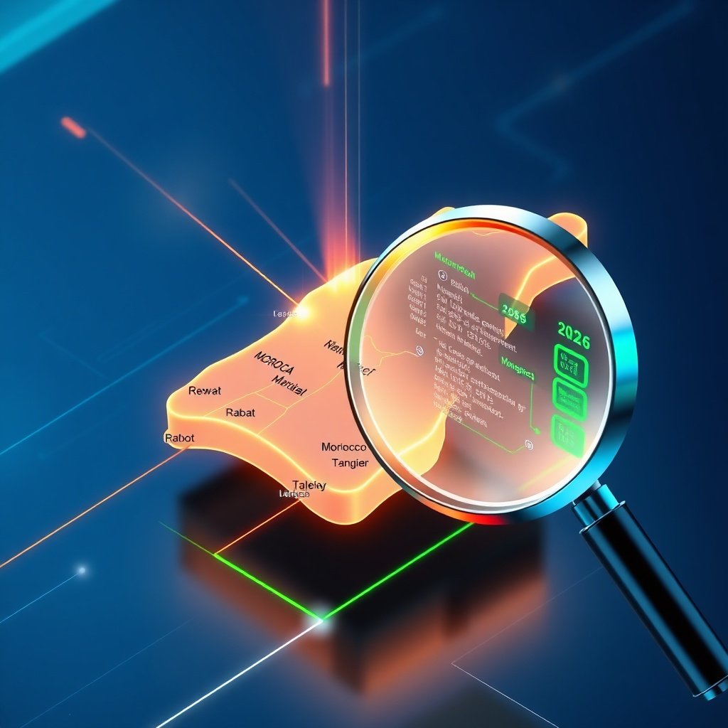 Illustration numérique de l'optimisation technique et du rapport d'Audit SEO Site Web Maroc sur une carte 3D.