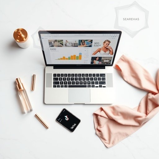 E-commerce SEO strategy setup with beauty products and digital analytics on a desk