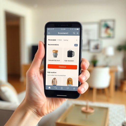 Person using smartphone for mobile online shopping with modern user interface