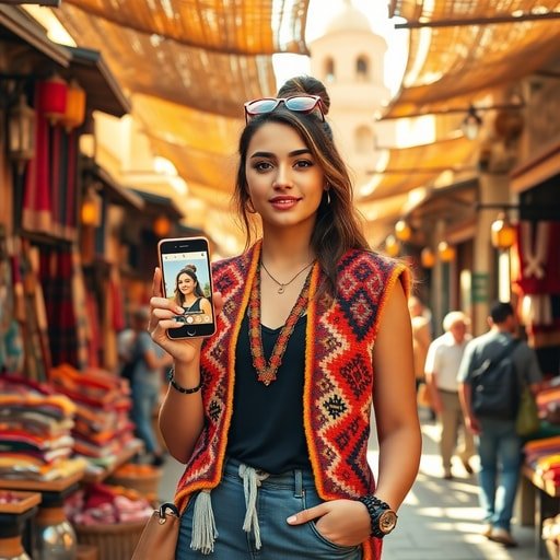 {"prompt":"A young Moroccan female influencer wearing a colorful Amazigh (Berber) woven vest and a modern casual outfit, holding a smartphone displaying a product post. She stands in a bustling souk (market) with stalls of vivid textiles, spices, and lanterns. The scene is bathed in warm golden sunlight filtering through woven canopies, creating a lively yet authentic atmosphere that blends tradition with digital culture. The background shows a mix of historic architecture and contemporary shoppers, emphasizing the fusion of heritage and modern influencer marketing.","originalPrompt":"A young Moroccan female influencer wearing a colorful Amazigh (Berber) woven vest and a modern casual outfit, holding a smartphone displaying a product post. She stands in a bustling souk (market) with stalls of vivid textiles, spices, and lanterns. The scene is bathed in warm golden sunlight filtering through woven canopies, creating a lively yet authentic atmosphere that blends tradition with digital culture. The background shows a mix of historic architecture and contemporary shoppers, emphasizing the fusion of heritage and modern influencer marketing.","width":512,"height":512,"seed":42,"model":"flux","safe":false,"quality":"medium","image":[],"transparent":false,"reasoning":"balanced","audio":true,"dimensionsExplicit":true,"isMature":false,"isChild":false,"trackingData":{"actualModel":"flux","usage":{"completionImageTokens":1,"totalTokenCount":1}}}