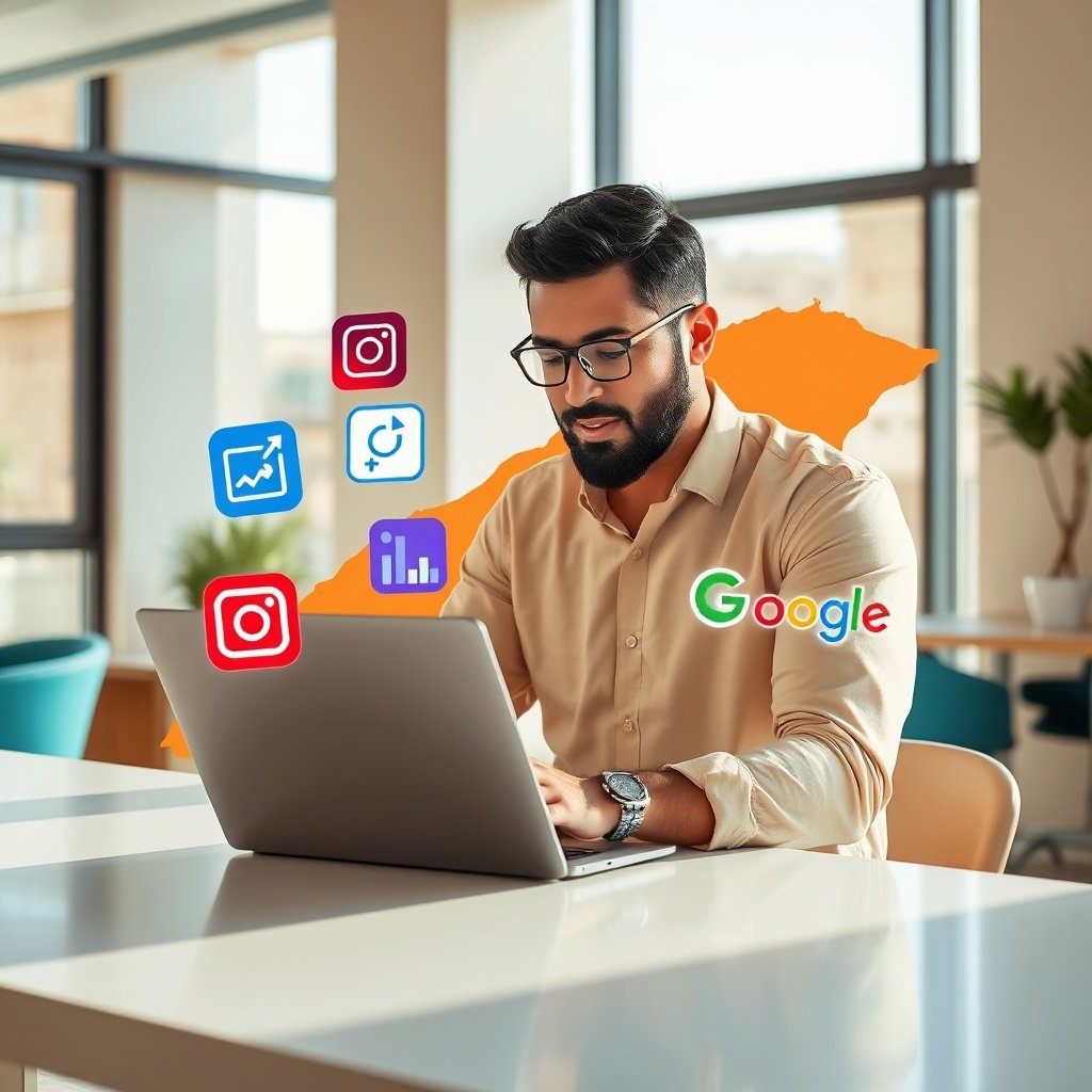 {"prompt":"A modern Moroccan marketing professional seated at a sleek desk in a bright coworking space, reviewing analytics on a laptop screen. Floating around the laptop are vibrant, semitransparent icons of Instagram, TikTok, LinkedIn, and Google, each glowing in their brand colors. Behind the professional, a subtle map outline of Morocco is rendered in warm earth tones. The scene is bathed in natural daylight streaming through large windows, creating a hopeful and energetic mood with a palette of sand beige, deep blue, and orange highlights.","originalPrompt":"A modern Moroccan marketing professional seated at a sleek desk in a bright coworking space, reviewing analytics on a laptop screen. Floating around the laptop are vibrant, semitransparent icons of Instagram, TikTok, LinkedIn, and Google, each glowing in their brand colors. Behind the professional, a subtle map outline of Morocco is rendered in warm earth tones. The scene is bathed in natural daylight streaming through large windows, creating a hopeful and energetic mood with a palette of sand beige, deep blue, and orange highlights.","width":1024,"height":1024,"seed":42,"model":"flux","safe":false,"quality":"medium","image":[],"transparent":false,"reasoning":"balanced","audio":true,"dimensionsExplicit":true,"has_nsfw_concept":false,"concept":null,"trackingData":{"actualModel":"flux","usage":{"completionImageTokens":1,"totalTokenCount":1}}}