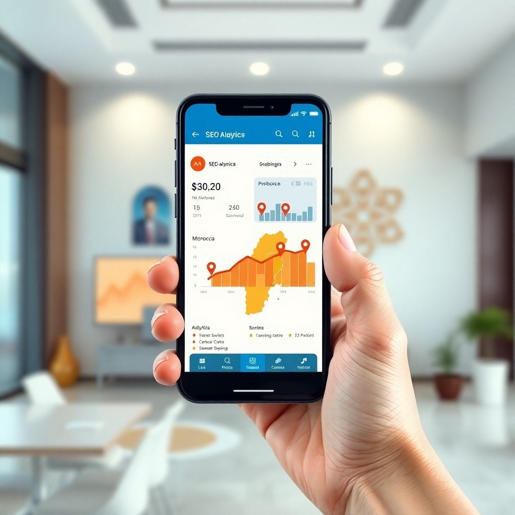{"prompt":"A high-quality, photorealistic shot of a modern smartphone held by a hand, displaying a colorful SEO analytics dashboard and a map of Morocco with location pins. The background is a blurred view of a contemporary office in Casablanca with subtle architectural hints of Moroccan design like geometric patterns on the wall. The lighting is bright and professional, conveying a sense of high-tech business strategy and connectivity. Colors include vibrant digital blues and oranges against a clean, neutral background.","originalPrompt":"A high-quality, photorealistic shot of a modern smartphone held by a hand, displaying a colorful SEO analytics dashboard and a map of Morocco with location pins. The background is a blurred view of a contemporary office in Casablanca with subtle architectural hints of Moroccan design like geometric patterns on the wall. The lighting is bright and professional, conveying a sense of high-tech business strategy and connectivity. Colors include vibrant digital blues and oranges against a clean, neutral background.","width":1024,"height":1024,"seed":42,"model":"flux","safe":false,"quality":"medium","image":[],"transparent":false,"reasoning":"balanced","audio":true,"dimensionsExplicit":true,"isMature":false,"isChild":false,"trackingData":{"actualModel":"flux","usage":{"completionImageTokens":1,"totalTokenCount":1}}}