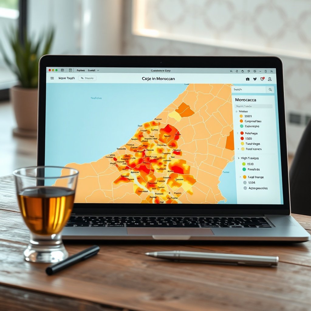 Map interface showing local search results and analytics in Morocco, essential for the Guide du référencement local pour commerces au Maroc.
