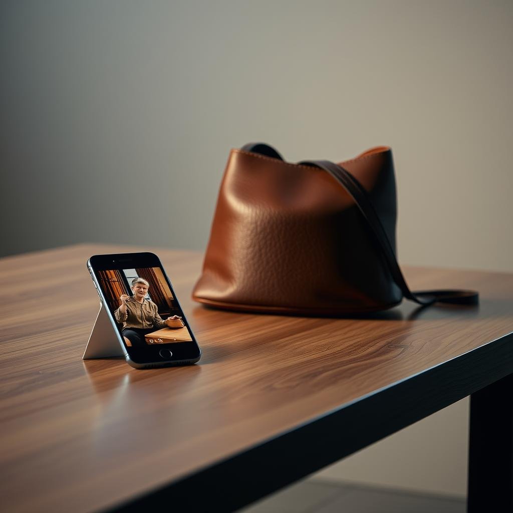 Moroccan leather bag showcased next to a smartphone for digital storytelling