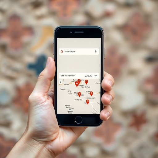 Mobile smartphone displaying local search results and map location pins in Morocco