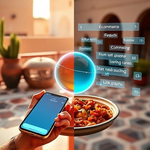 Moroccan crafts and smartphone displaying digital marketing keywords and link graphs.