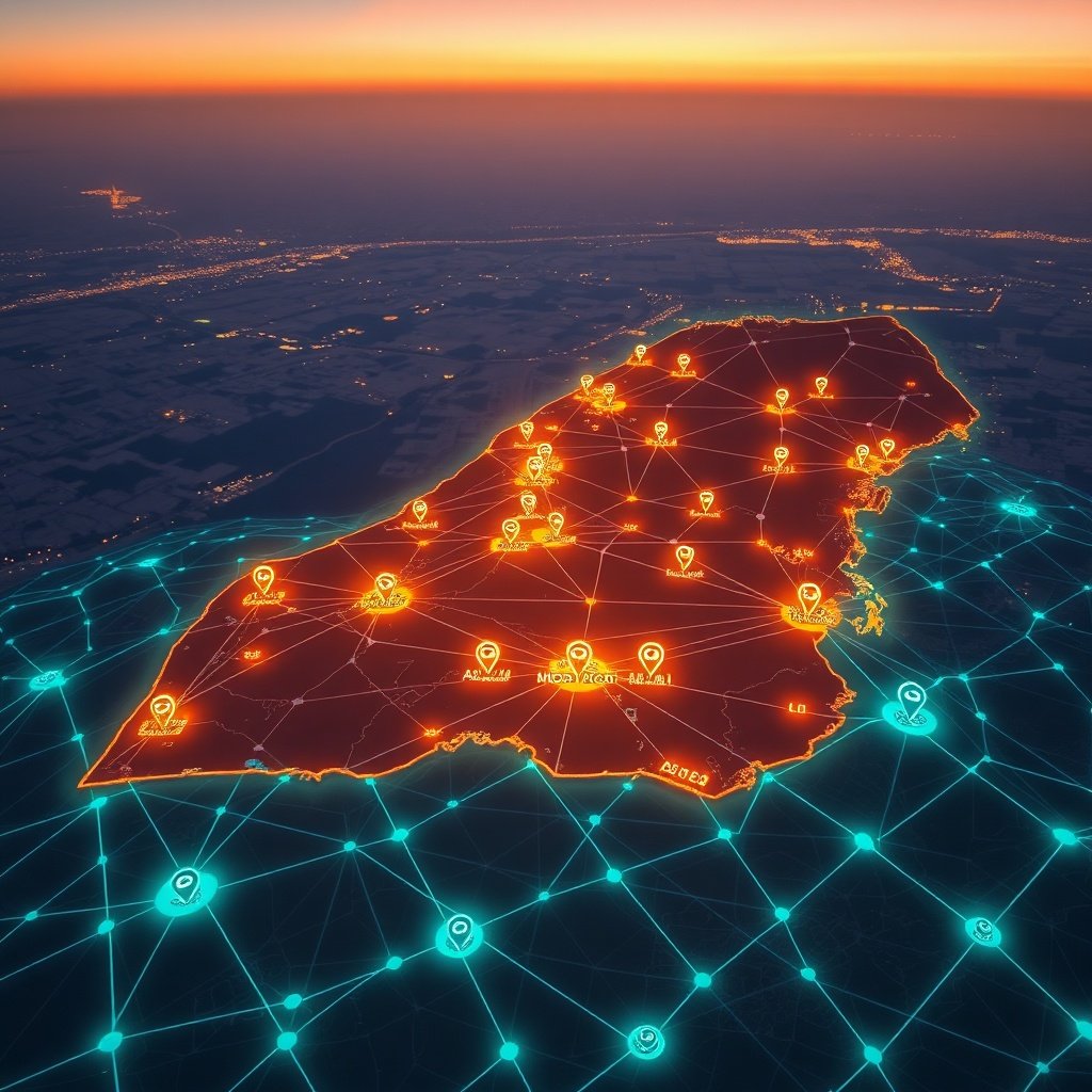 {"prompt":"A highresolution aerial view of Morocco at sunset, showing major cities highlighted with glowing digital pins. Thin neon lines connect the pins, forming a network that resembles an AI brain overlay. In the foreground, a translucent map grid displays geofencing zones and beacon icons. Warm orangepink sky contrasts with cool bluegreen tech lines, creating a futuristic yet welcoming mood. Soft ambient lighting emphasizes the blend of geography and artificial intelligence.","originalPrompt":"A highresolution aerial view of Morocco at sunset, showing major cities highlighted with glowing digital pins. Thin neon lines connect the pins, forming a network that resembles an AI brain overlay. In the foreground, a translucent map grid displays geofencing zones and beacon icons. Warm orangepink sky contrasts with cool bluegreen tech lines, creating a futuristic yet welcoming mood. Soft ambient lighting emphasizes the blend of geography and artificial intelligence.","width":1024,"height":1024,"seed":42,"model":"flux","safe":false,"quality":"medium","image":[],"transparent":false,"reasoning":"balanced","audio":true,"dimensionsExplicit":true,"has_nsfw_concept":false,"concept":null,"trackingData":{"actualModel":"flux","usage":{"completionImageTokens":1,"totalTokenCount":1}}}