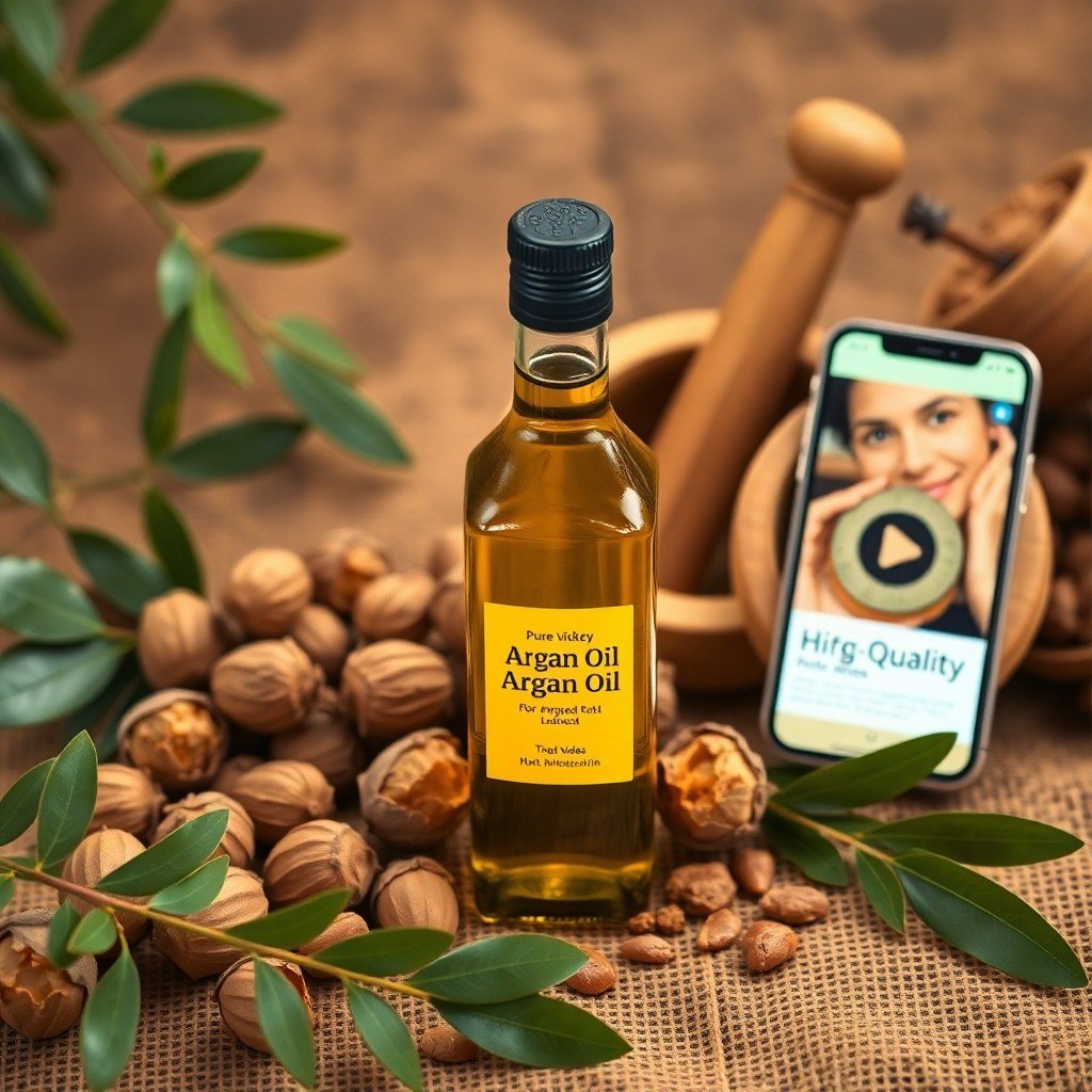 Authenticité et traçabilité pour vendre l'huile d'argane sur le web avec des ingrédients naturels et contenu vidéo.