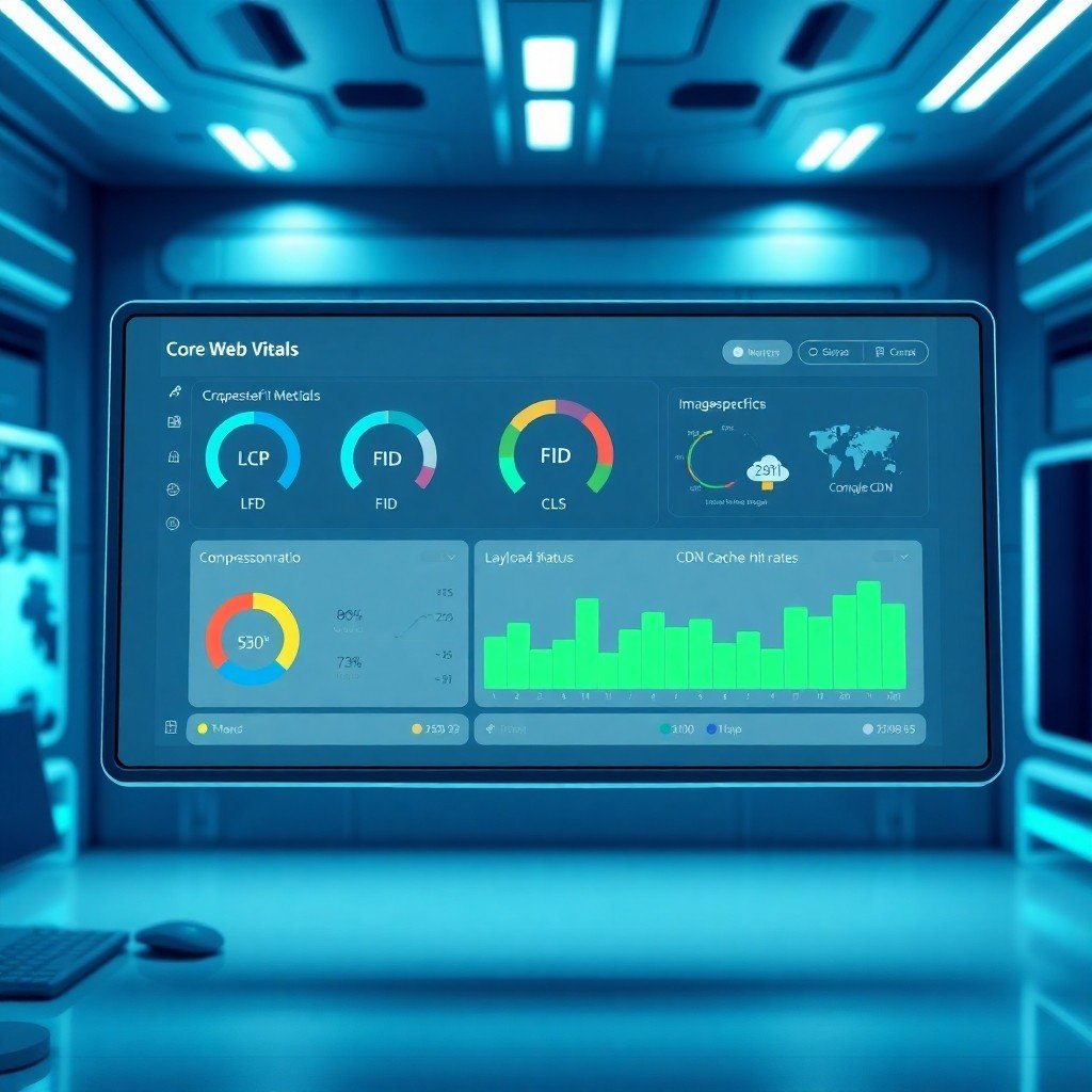 Dashboard visualizing SEO technique vitesse et images with Core Web Vitals, image compression, lazy loading and CDN integration