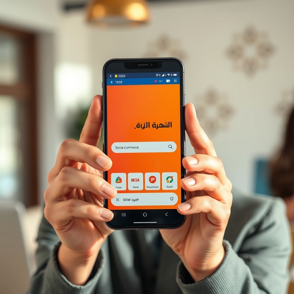 Utilisateur mobile au Maroc interagissant avec une interface de social commerce et de recherche vocale, illustrant les stratégies web et l'expérience utilisateur optimisées.