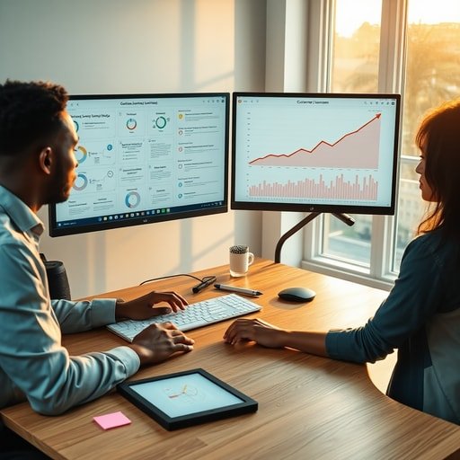UX designer analyzing customer journey maps and conversion data on computer screens