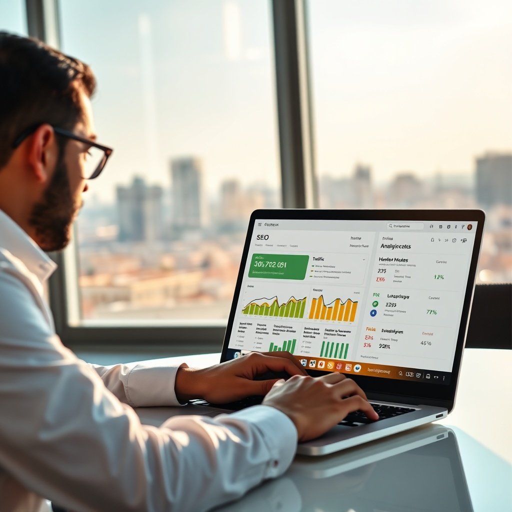 Entrepreneur marocain développant une stratégie SEO internationale pour l'export Maroc via des outils d'analyse.
