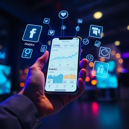 Smartphone displaying multi-channel marketing analytics and ROI metrics
