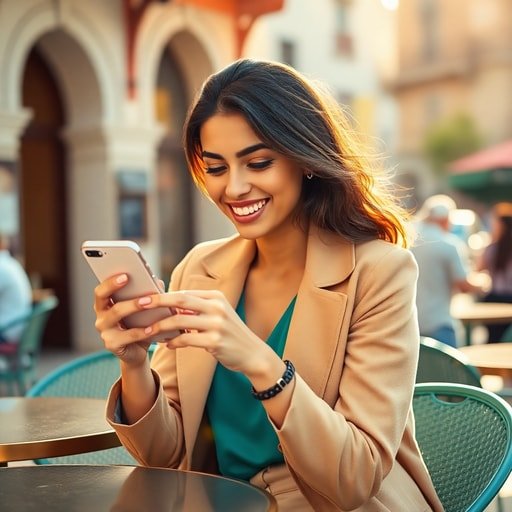 {"prompt":"A stylish young Moroccan woman sitting at a trendy outdoor cafe in Casablanca, holding a smartphone and smiling as she browses a fashion e-commerce app. She is wearing modern, chic clothing. The background features a blurred view of the city street with warm sunlight and architectural hints of Moroccan design. The scene conveys connectivity and modern lifestyle. Colors: Warm terracotta, vibrant teal, soft beige, and golden sunlight. Mood: Energetic, optimistic, and digital-savvy. Lighting: Bright natural afternoon sunlight with soft shadows.","originalPrompt":"A stylish young Moroccan woman sitting at a trendy outdoor cafe in Casablanca, holding a smartphone and smiling as she browses a fashion e-commerce app. She is wearing modern, chic clothing. The background features a blurred view of the city street with warm sunlight and architectural hints of Moroccan design. The scene conveys connectivity and modern lifestyle. Colors: Warm terracotta, vibrant teal, soft beige, and golden sunlight. Mood: Energetic, optimistic, and digital-savvy. Lighting: Bright natural afternoon sunlight with soft shadows.","width":512,"height":512,"seed":42,"model":"flux","safe":false,"quality":"medium","image":[],"transparent":false,"reasoning":"balanced","audio":true,"dimensionsExplicit":true,"isMature":false,"isChild":false,"trackingData":{"actualModel":"flux","usage":{"completionImageTokens":1,"totalTokenCount":1}}}