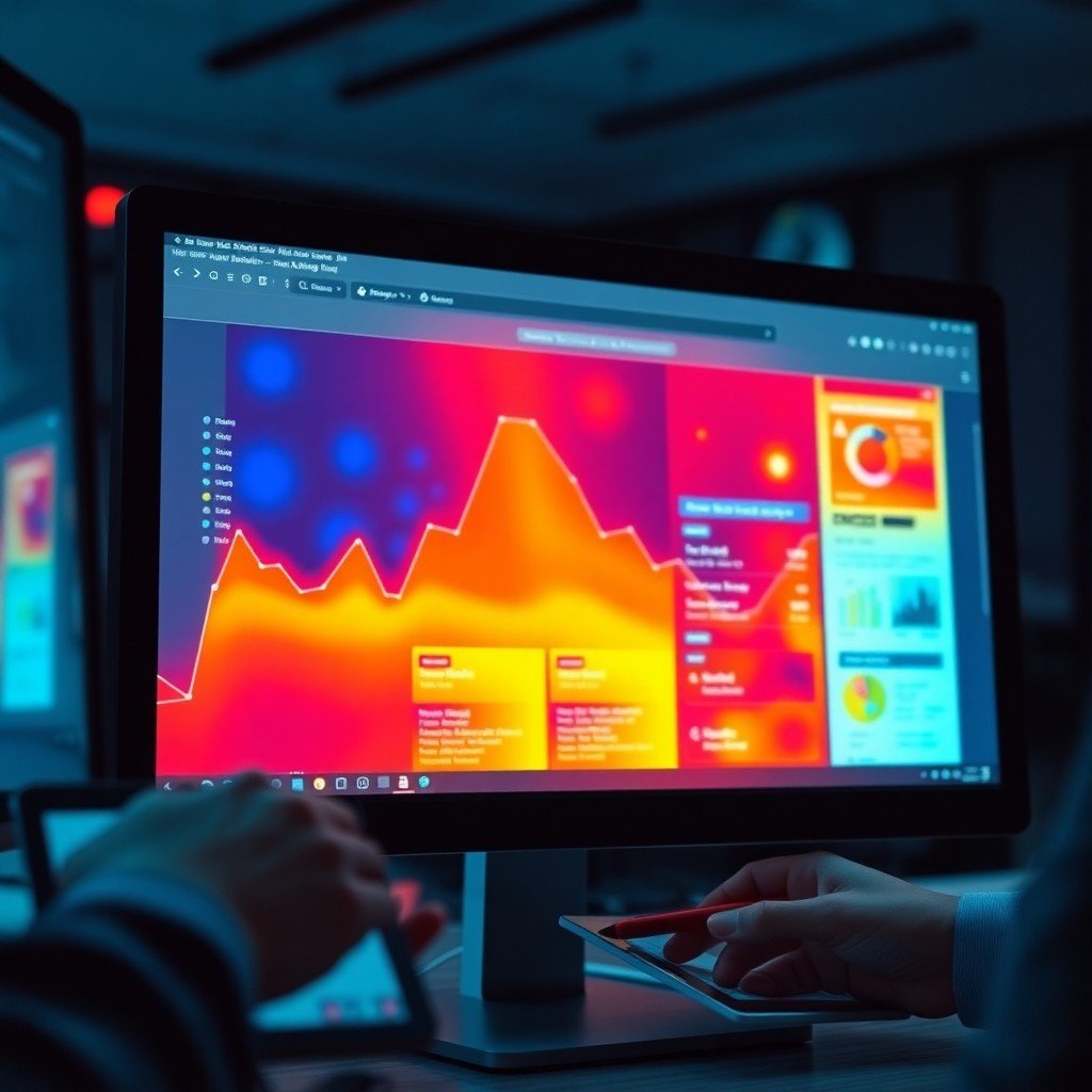 {"prompt":"A close-up shot of a modern computer screen displaying a colorful heatmap analysis overlaying a website layout, with vibrant red, orange, and blue zones indicating user activity. The setting is a dimly lit, high-tech office space. A hand is interacting with a tablet on the side, taking notes. The mood is analytical and professional. The lighting comes from the glow of the monitors, creating a cyber-blue and warm orange contrast.","originalPrompt":"A close-up shot of a modern computer screen displaying a colorful heatmap analysis overlaying a website layout, with vibrant red, orange, and blue zones indicating user activity. The setting is a dimly lit, high-tech office space. A hand is interacting with a tablet on the side, taking notes. The mood is analytical and professional. The lighting comes from the glow of the monitors, creating a cyber-blue and warm orange contrast.","width":1024,"height":1024,"seed":42,"model":"flux","safe":false,"quality":"medium","image":[],"transparent":false,"reasoning":"balanced","audio":true,"dimensionsExplicit":true,"isMature":false,"isChild":false,"trackingData":{"actualModel":"flux","usage":{"completionImageTokens":1,"totalTokenCount":1}}}