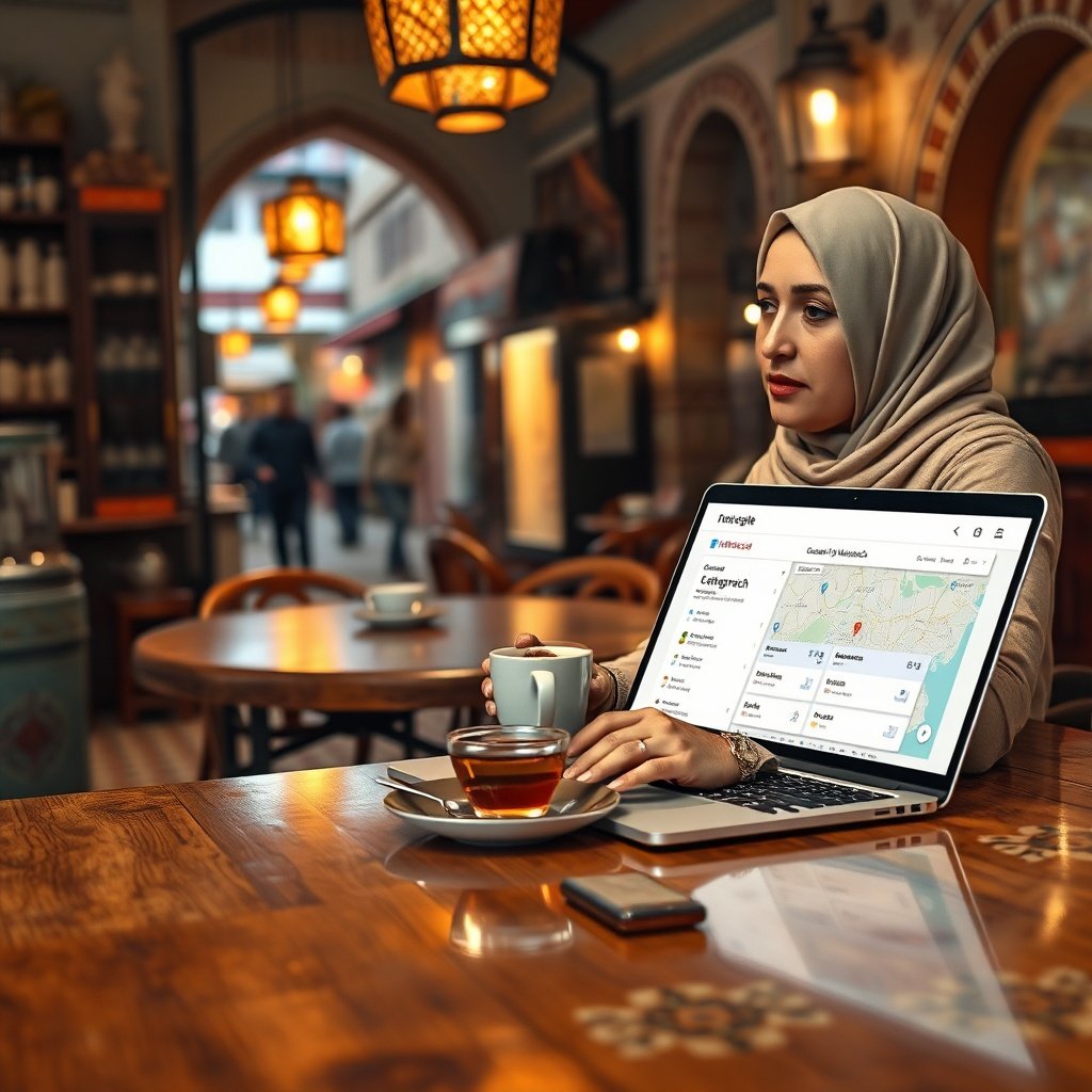 {"prompt":"Photorealistic scene of a Moroccan restaurant owner in a bustling Marrakech kitchen, sitting at a polished wooden table with a laptop open to the Google My Business dashboard. The screen displays a map of Marrakech with pinpoints for local businesses, a sidebar showing category options like \"Restaurant à Marrakech\" in both French and Arabic. The owner, a middleaged woman wearing a traditional hijab, looks thoughtfully at the screen while holding a cup of mint tea. Warm Moroccan lighting, tiles with intricate patterns, and a backdrop of a street view of the souk create an authentic local business environment.","originalPrompt":"Photorealistic scene of a Moroccan restaurant owner in a bustling Marrakech kitchen, sitting at a polished wooden table with a laptop open to the Google My Business dashboard. The screen displays a map of Marrakech with pinpoints for local businesses, a sidebar showing category options like \"Restaurant à Marrakech\" in both French and Arabic. The owner, a middleaged woman wearing a traditional hijab, looks thoughtfully at the screen while holding a cup of mint tea. Warm Moroccan lighting, tiles with intricate patterns, and a backdrop of a street view of the souk create an authentic local business environment.","width":1024,"height":1024,"seed":42,"model":"flux","safe":false,"quality":"medium","image":[],"transparent":false,"reasoning":"balanced","audio":true,"dimensionsExplicit":true,"has_nsfw_concept":false,"concept":null,"trackingData":{"actualModel":"flux","usage":{"completionImageTokens":1,"totalTokenCount":1}}}