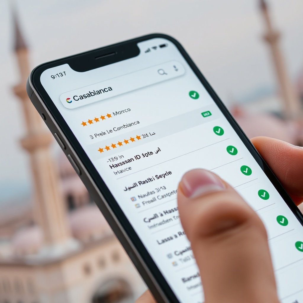 Résultats de recherche locale sur smartphone montrant des entreprises à Casablanca avec évaluations et textes multilingues