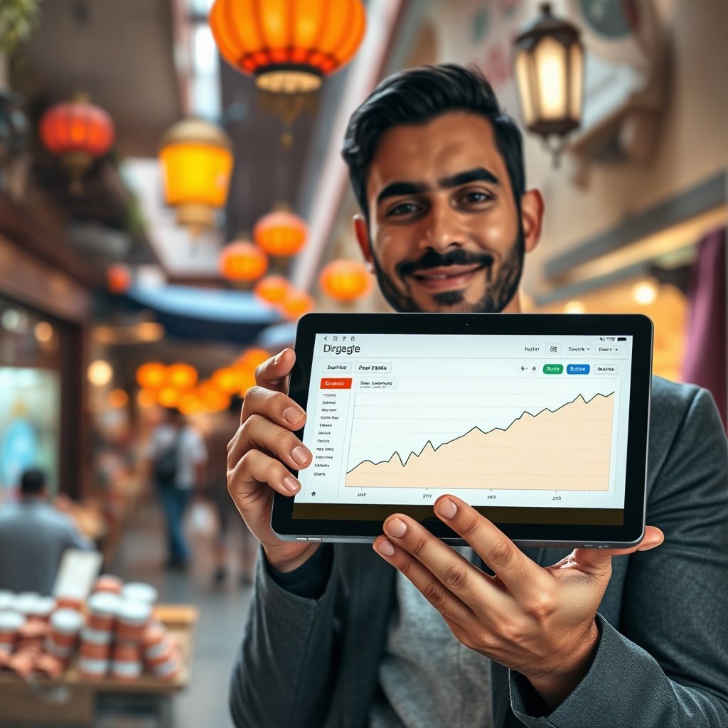 Moroccan entrepreneur showing a rising SEO graph on a tablet against a Marrakesh market backdrop