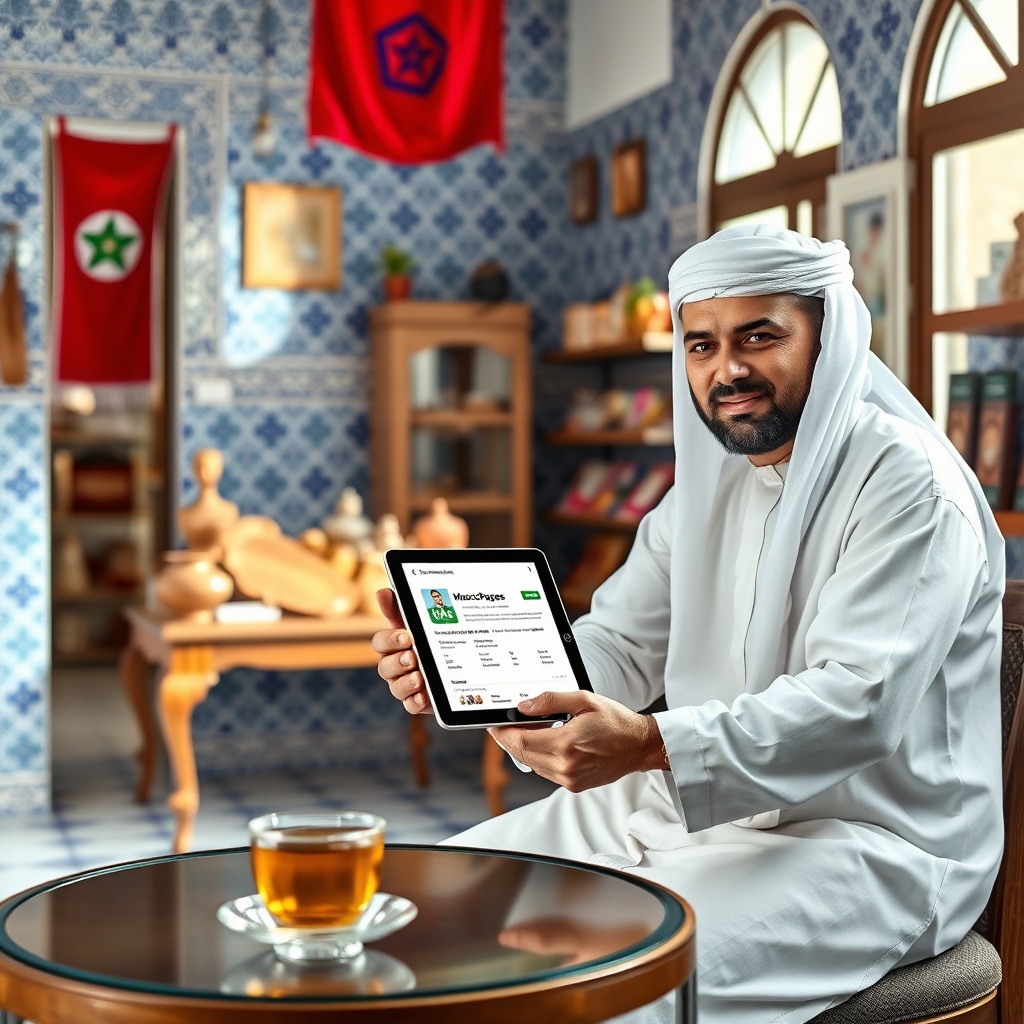 Moroccan shopkeeper browsing local directory on tablet for netlinking