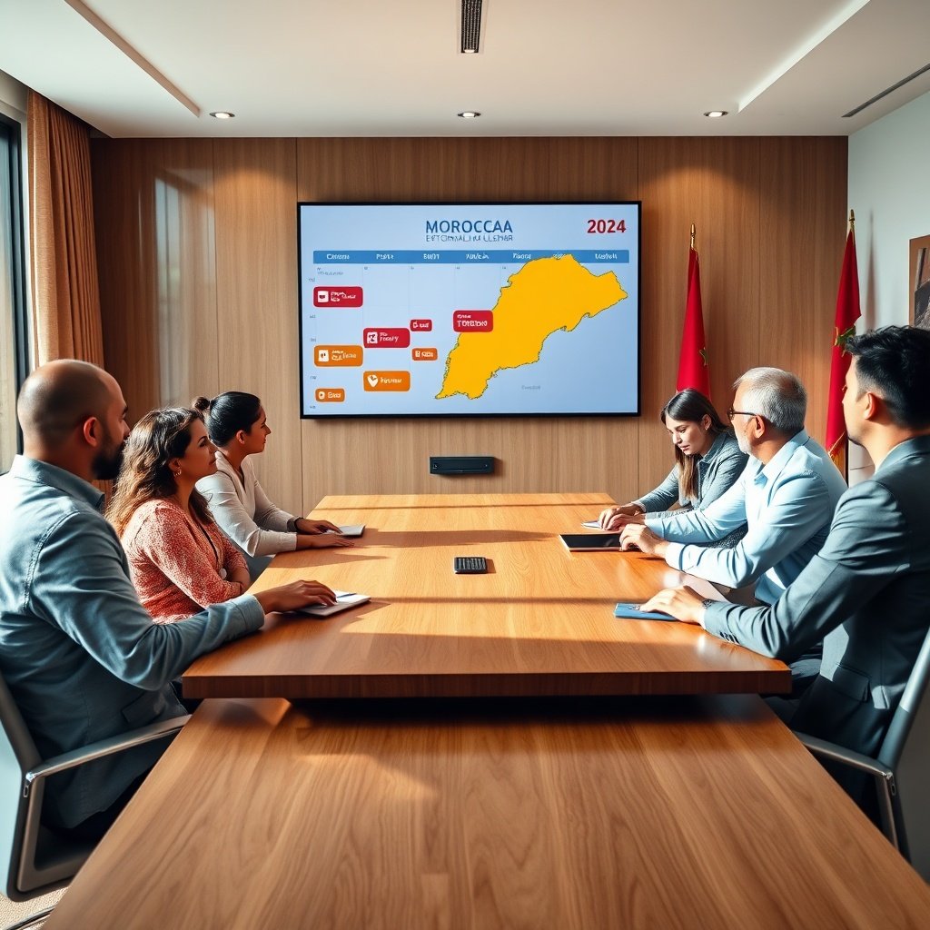 {"prompt":"A modern Moroccan office meeting room with a diverse group of business professionals (men and women of various ages) gathered around a polished wooden conference table. They are actively reviewing a large digital wall display that shows a colorcoded editorial calendar for 2024, complete with icons for blog posts, videos, and social media posts. On the wall, an interactive map of Morocco highlights Casablanca, Rabat, and Marrakech in bright colors. The team is engaged, pointing at the screen, with natural light streaming through large windows and subtle Moroccan décor elements (handwoven textiles, a Moroccan flag). Highresolution, photorealistic, professional atmosphere.","originalPrompt":"A modern Moroccan office meeting room with a diverse group of business professionals (men and women of various ages) gathered around a polished wooden conference table. They are actively reviewing a large digital wall display that shows a colorcoded editorial calendar for 2024, complete with icons for blog posts, videos, and social media posts. On the wall, an interactive map of Morocco highlights Casablanca, Rabat, and Marrakech in bright colors. The team is engaged, pointing at the screen, with natural light streaming through large windows and subtle Moroccan décor elements (handwoven textiles, a Moroccan flag). Highresolution, photorealistic, professional atmosphere.","width":1024,"height":1024,"seed":42,"model":"flux","safe":false,"quality":"medium","image":[],"transparent":false,"reasoning":"balanced","audio":true,"dimensionsExplicit":true,"has_nsfw_concept":false,"concept":null,"trackingData":{"actualModel":"flux","usage":{"completionImageTokens":1,"totalTokenCount":1}}}