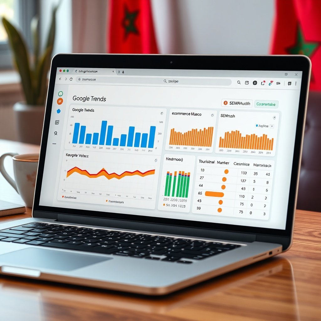 Laptop screen showing Google Trends and SEMrush data for Casablanca, Rabat, and Marrakech keyword volumes in a Moroccan office