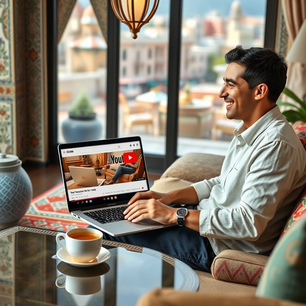 {"prompt":"A photorealistic image of a person sitting in a modern Moroccan living room with a laptop open on a coffee table, displaying the YouTube homepage with a prominent Moroccan brand's video thumbnail. The room is decorated with traditional Moroccan elements such as colorful tiles, intricate patterns, and Arabic calligraphy. The person is smiling and looking at the laptop screen, with a cup of Moroccan mint tea next to them. The background is blurred, with a hint of a bustling Moroccan city outside the window.","originalPrompt":"A photorealistic image of a person sitting in a modern Moroccan living room with a laptop open on a coffee table, displaying the YouTube homepage with a prominent Moroccan brand's video thumbnail. The room is decorated with traditional Moroccan elements such as colorful tiles, intricate patterns, and Arabic calligraphy. The person is smiling and looking at the laptop screen, with a cup of Moroccan mint tea next to them. The background is blurred, with a hint of a bustling Moroccan city outside the window.","width":1024,"height":1024,"seed":42,"model":"flux","safe":false,"quality":"medium","image":[],"transparent":false,"reasoning":"balanced","audio":true,"dimensionsExplicit":true,"has_nsfw_concept":false,"concept":null,"trackingData":{"actualModel":"flux","usage":{"completionImageTokens":1,"totalTokenCount":1}}}