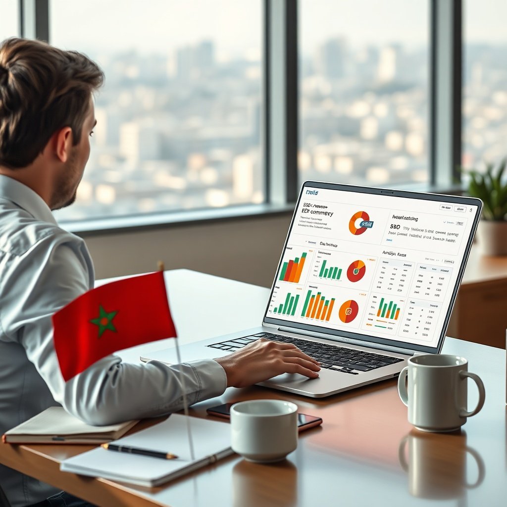 Marketing analyst reviewing SEO performance charts for Moroccan e‑commerce, tourism and B2B sectors on a laptop