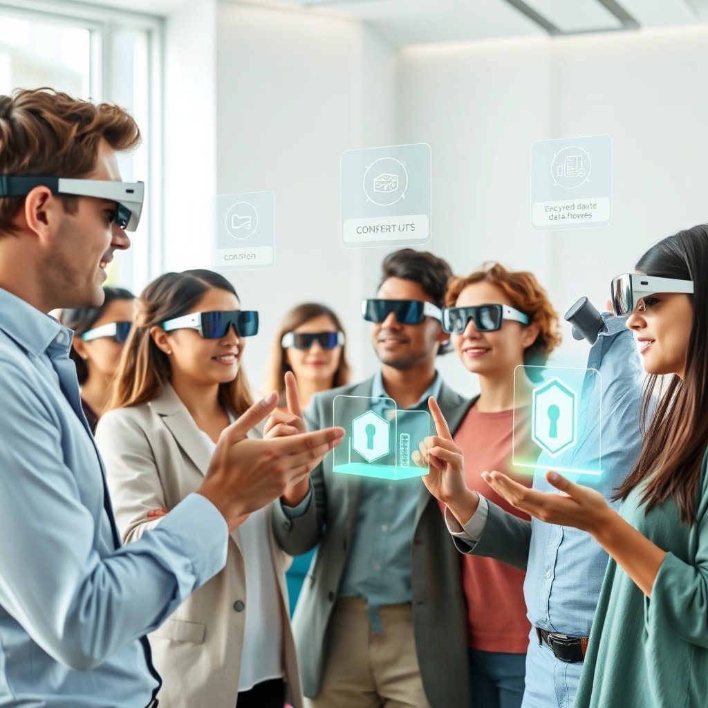 Immersive augmented reality and data privacy in digital marketing, with professionals using AR glasses and holographic interfaces for personalized customer experiences