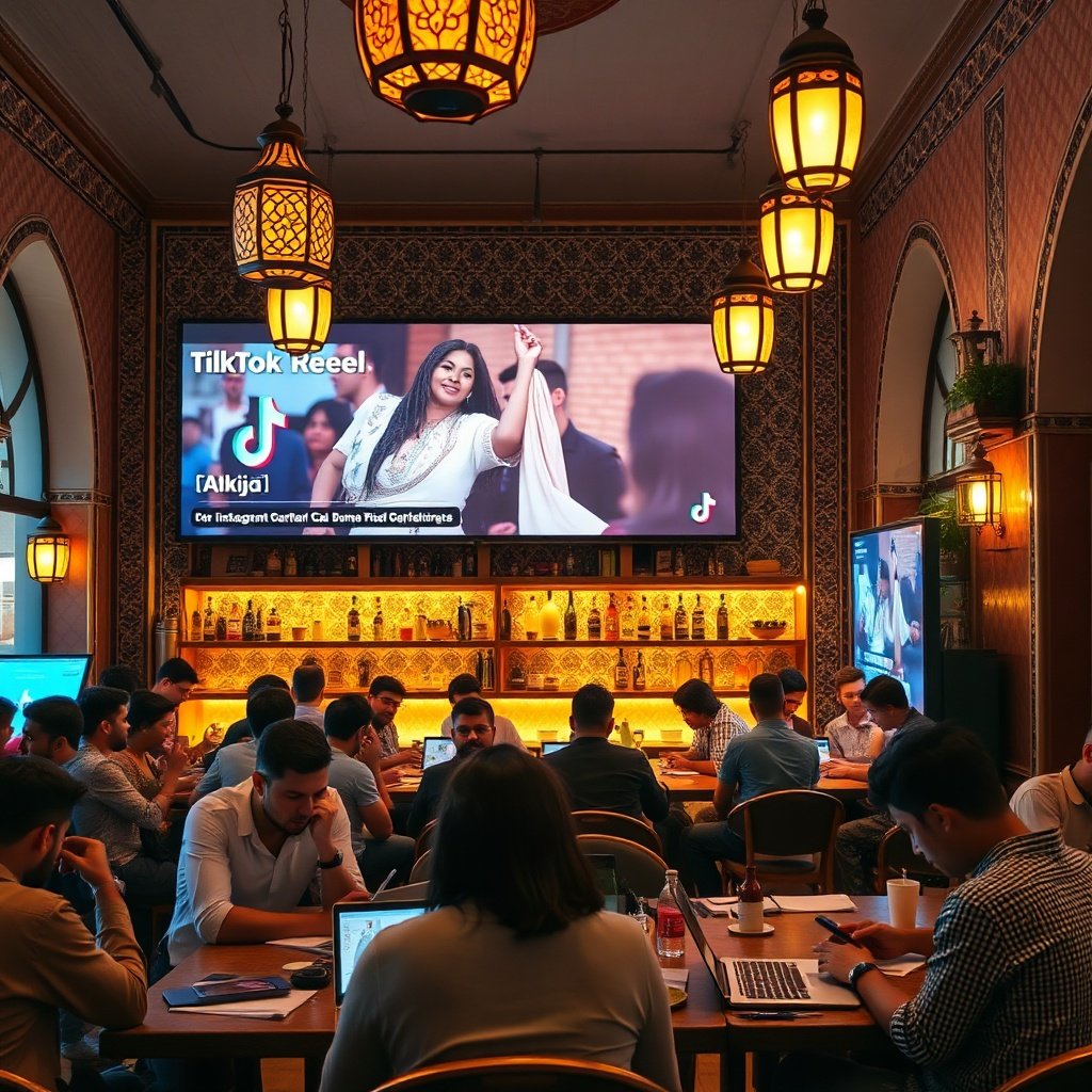 {"prompt":"A vibrant, modern Moroccan café in Casablanca filled with young, diverse professionals working on laptops and smartphones. The scene is lively, with warm golden lighting from traditional lanterns blending with the cool glow of digital screens. The walls are adorned with colorful Moroccan tiles and calligraphic art in Arabic, French, and Darija. A large screen displays a trending TikTok or Instagram Reel in Darija, capturing the attention of the crowd. The mood is energetic, innovative, and culturally rich, showcasing the fusion of tradition and digital modernity.","originalPrompt":"A vibrant, modern Moroccan café in Casablanca filled with young, diverse professionals working on laptops and smartphones. The scene is lively, with warm golden lighting from traditional lanterns blending with the cool glow of digital screens. The walls are adorned with colorful Moroccan tiles and calligraphic art in Arabic, French, and Darija. A large screen displays a trending TikTok or Instagram Reel in Darija, capturing the attention of the crowd. The mood is energetic, innovative, and culturally rich, showcasing the fusion of tradition and digital modernity.","width":1024,"height":1024,"seed":42,"model":"flux","safe":false,"quality":"medium","image":[],"transparent":false,"reasoning":"balanced","audio":true,"dimensionsExplicit":true,"has_nsfw_concept":false,"concept":null,"trackingData":{"actualModel":"flux","usage":{"completionImageTokens":1,"totalTokenCount":1}}}