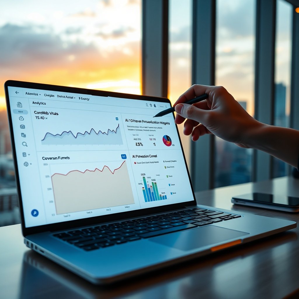{"prompt":"A sleek, modern workspace view from a highrise office at sunrise. In the foreground, a laptop screen displays a vibrant analytics dashboard with graphs showing rising conversion rates, Core Web Vitals scores, and AIdriven personalization widgets. A hand with a stylus hovers over the screen, pointing to a highlighted Conversion Funnel. The background shows a city skyline bathed in warm orangegold light, reflecting off glass walls. Color palette: cool blues and whites for the tech UI, contrasted with warm sunrise hues. Mood: forwardlooking, energetic, and datadriven. Lighting: soft natural light spilling in, with subtle backlighting on the screen for a futuristic glow.","originalPrompt":"A sleek, modern workspace view from a highrise office at sunrise. In the foreground, a laptop screen displays a vibrant analytics dashboard with graphs showing rising conversion rates, Core Web Vitals scores, and AIdriven personalization widgets. A hand with a stylus hovers over the screen, pointing to a highlighted Conversion Funnel. The background shows a city skyline bathed in warm orangegold light, reflecting off glass walls. Color palette: cool blues and whites for the tech UI, contrasted with warm sunrise hues. Mood: forwardlooking, energetic, and datadriven. Lighting: soft natural light spilling in, with subtle backlighting on the screen for a futuristic glow.","width":1024,"height":1024,"seed":42,"model":"flux","safe":false,"quality":"medium","image":[],"transparent":false,"reasoning":"balanced","audio":true,"dimensionsExplicit":true,"has_nsfw_concept":false,"concept":null,"trackingData":{"actualModel":"flux","usage":{"completionImageTokens":1,"totalTokenCount":1}}}